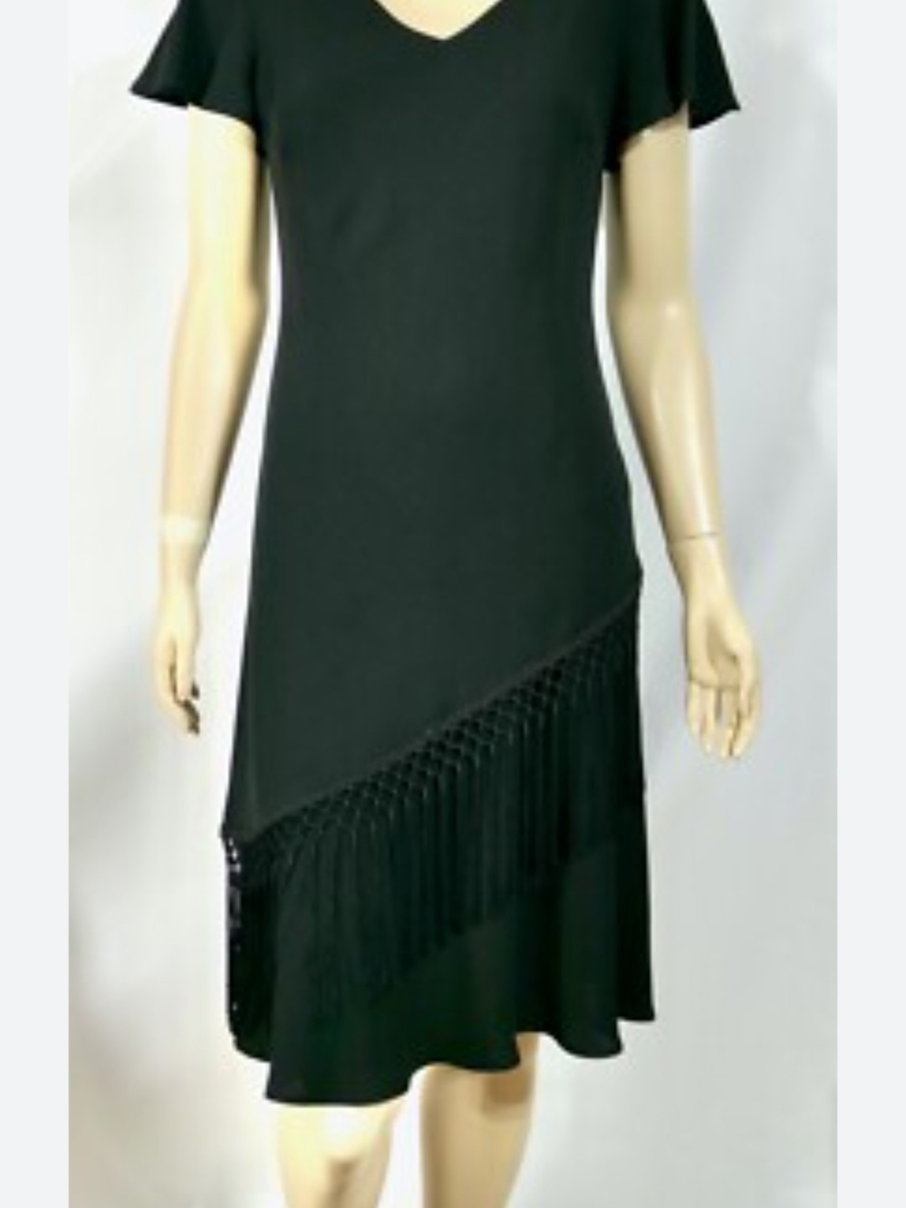 S.L. Fashions Black Asymmetrical Fringe Midi Dress VINTAGE